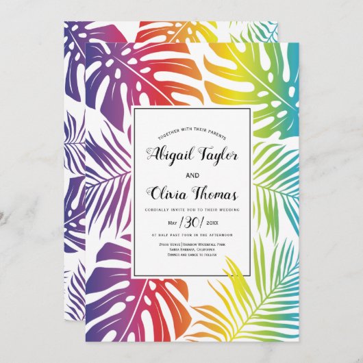 レインボーカラー葉柄ゲイレズ結婚ビアン 招待状 (正面/裏面)