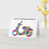 レインボーカラー電動スクータ誕生日 カード (黄色い花)