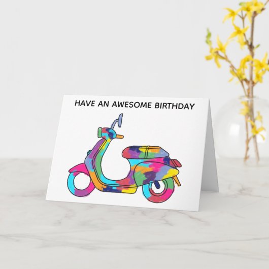 レインボーカラー電動スクータ誕生日 カード (黄色い花)