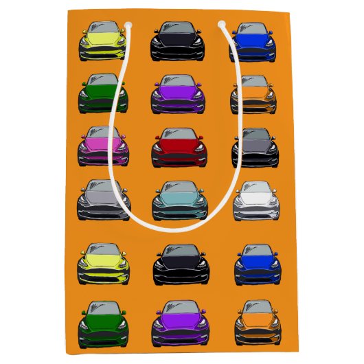 レインボーカラー電気自動車SUVカーオレンジバック ミディアムペーパーバッグ (正面)