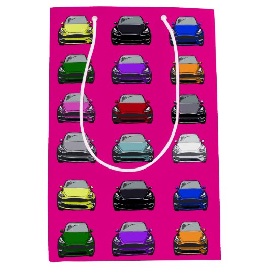 レインボーカラー電気自動車SUVカーピンクバック ミディアムペーパーバッグ (正面)