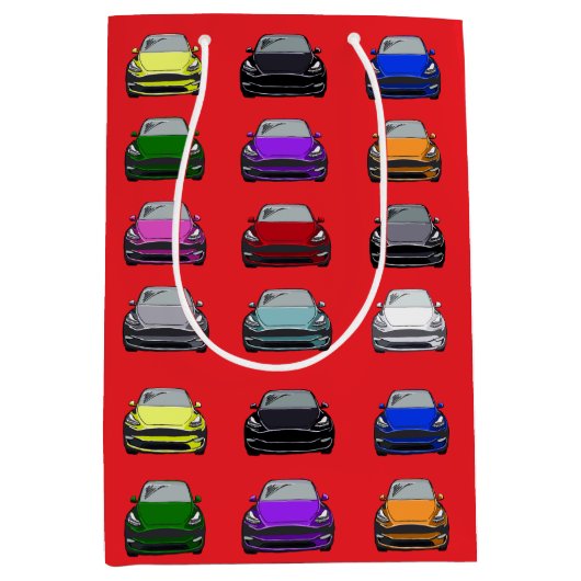 レインボーカラー電気自動車SUVカーレッドバック ミディアムペーパーバッグ (正面)