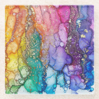 レインボーカラー&金ゴールドリキッドルックテクスチャ ガラスコースター