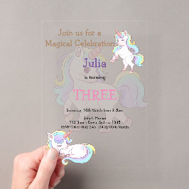 レインボーカラーUnicornベビーガール誕生日 アクリル招待状