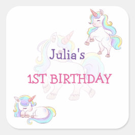レインボーカラーUnicornベビーガール誕生日 スクエアシール
