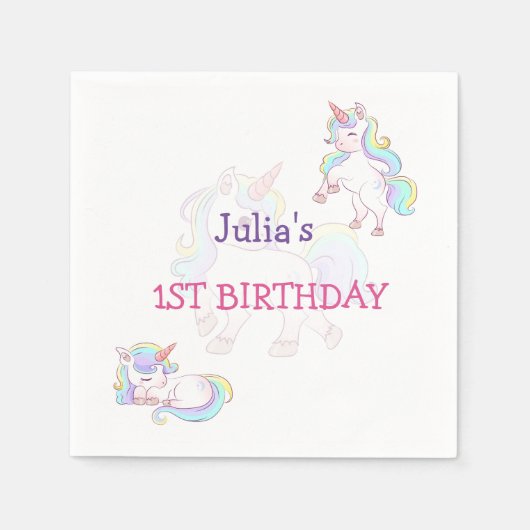 レインボーカラーUnicornベビーガール誕生日 スタンダードカクテルナプキン (正面)
