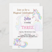 レインボーカラーUnicornベビーガール誕生日 招待状 (正面/裏面)