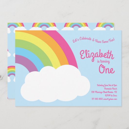 レインボーカワイキッズ1st誕生日パーティー 招待状 (正面/裏面)