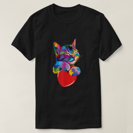 レインボーカワイキャットハギングバレンタインハート子猫値リスト Tシャツ (デザイン正面)