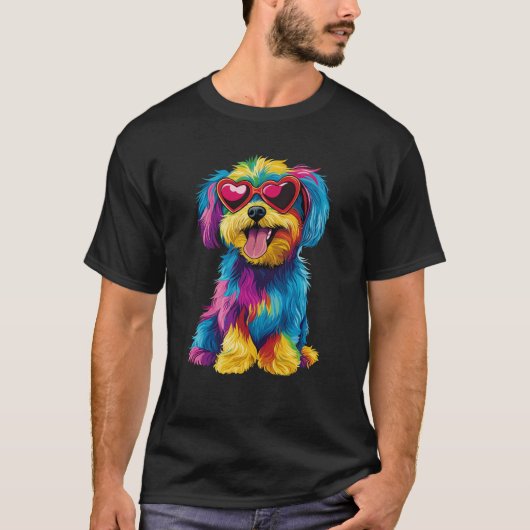 レインボーカワイドッグメガネを着てハート子犬の愛 Tシャツ (正面)
