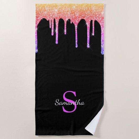 レインボーガーリーグリッタードリップスモノグラム名 ビーチタオル (正面)