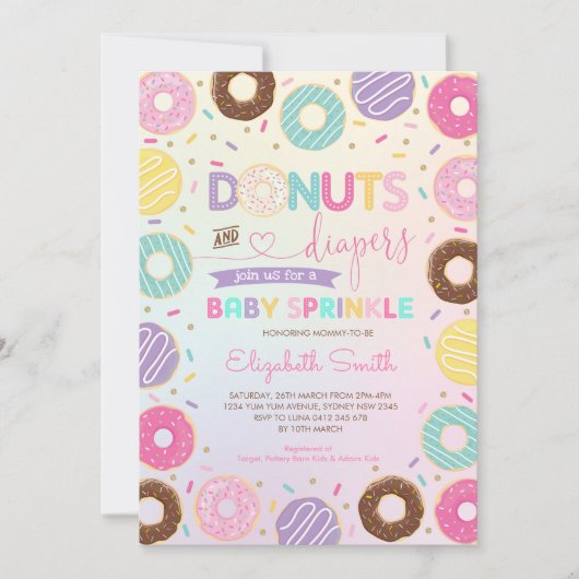 レインボーガーリードーナツベビースプリンクシャワー 招待状 (正面)