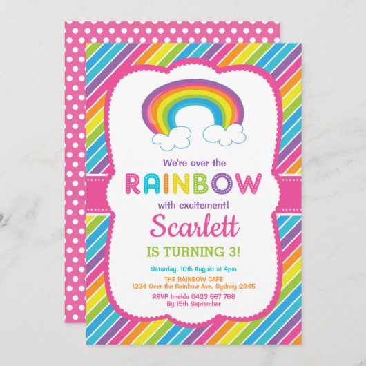 レインボーガーリーバースデーパーティーカラフルレインボー 招待状 (正面/裏面)