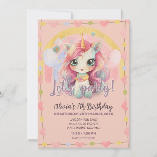 レインボーガーリーパステルピンクかわいいユニコーン誕生日 招待状 (正面)