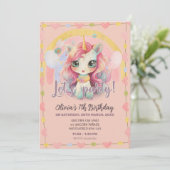 レインボーガーリーパステルピンクかわいいユニコーン誕生日 招待状 (スタンド正面)