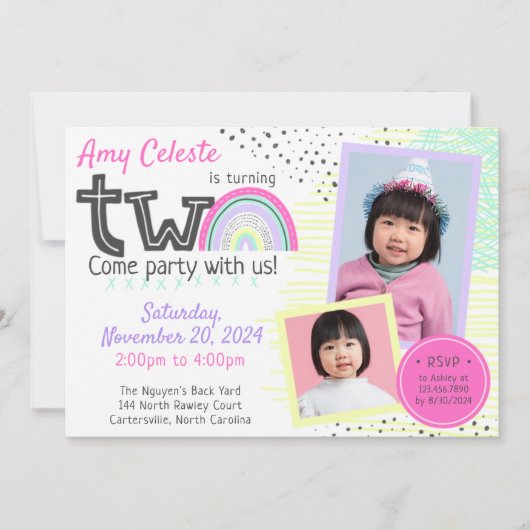 レインボーガールの2番目の誕生日かわいいドードル2-Photo 招待状 (正面)