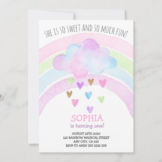 レインボーガールファースト誕生日マジカル金ゴールドグリッター 招待状 (正面)