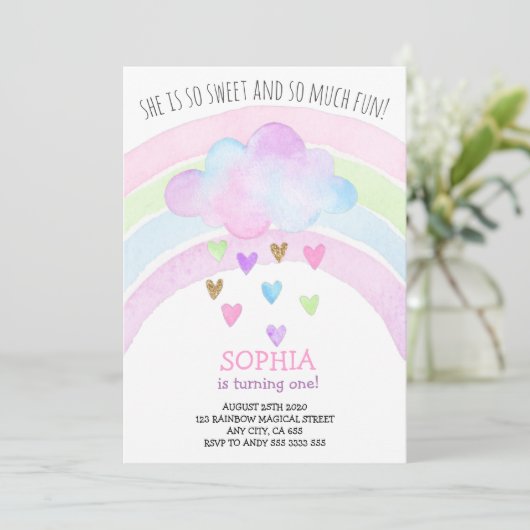 レインボーガールファースト誕生日マジカル金ゴールドグリッター 招待状 (スタンド正面)