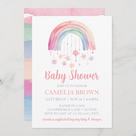 レインボーガールベビーシャワーパステルウォーターカラー 招待状 (正面/裏面)