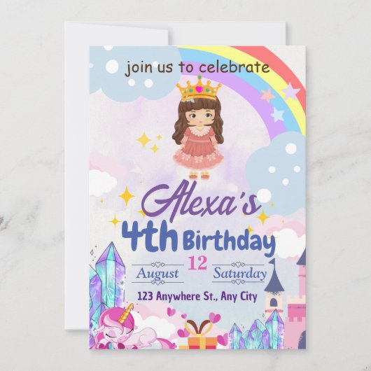 レインボーガール子供の誕生日パーティーギフト 招待状 (正面)