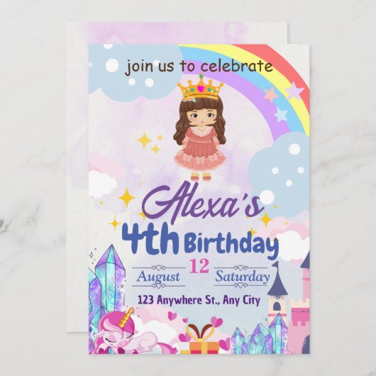 レインボーガール子供の誕生日パーティーギフト 招待状 (正面/裏面)