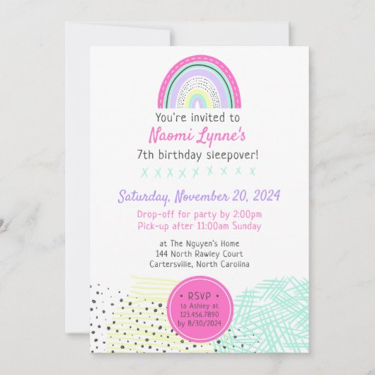 レインボーガール90の誕生日そりかわいいパーティー 招待状 (正面)