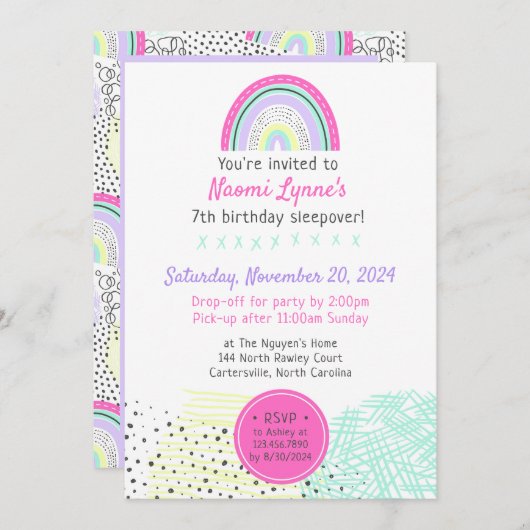 レインボーガール90の誕生日そりかわいいパーティー 招待状 (正面/裏面)