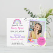 レインボーガール90年代の誕生日かわいいドードルズ写真 招待状 (スタンド正面)