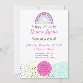 レインボーガール90年代の誕生日かわいいドードルズ写真 招待状