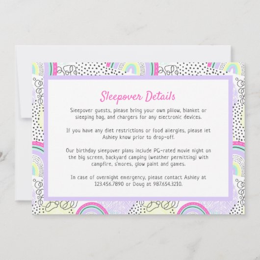 レインボーガール90年代の誕生日のスリープバーパーティー写真 招待状 (裏面)