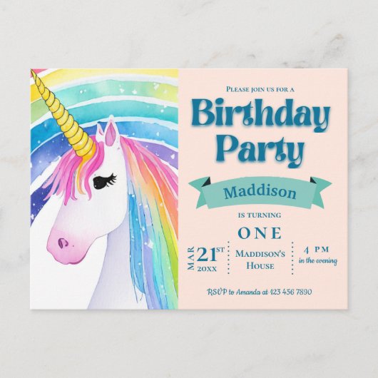 レインボーキッズ ユニコーン 1歳の誕生日パーティー招待状 ポストカード (正面)