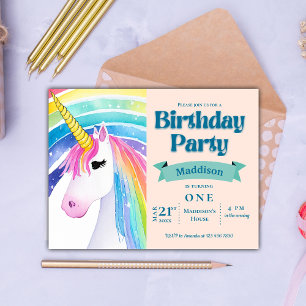レインボーキッズ ユニコーン 1歳の誕生日パーティー招待状 ポストカード