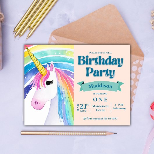 レインボーキッズ ユニコーン 1歳の誕生日パーティー招待状 ポストカード