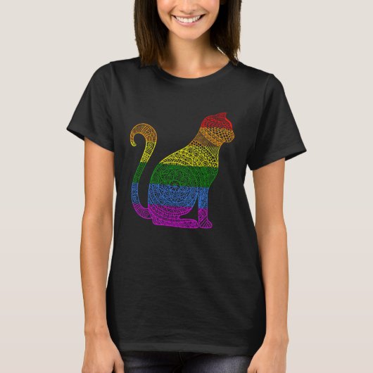 レインボーキティ猫マンダラ蓮の花ヨガ瞑想 Tシャツ (正面)