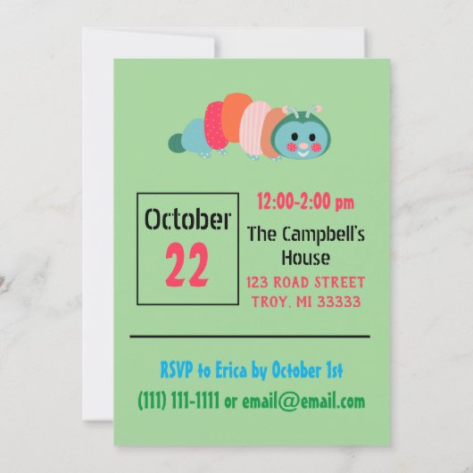 レインボーキャタピラーキュートファースト誕生日 招待状 (裏面)