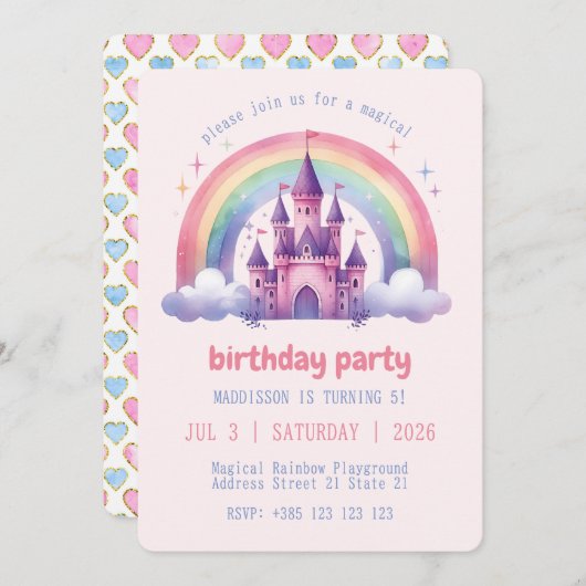 レインボーキャッスルガールズバースデーパーティー招待状 招待状 (正面/裏面)