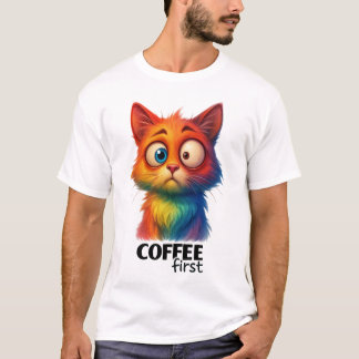 レインボーキャットコーヒーファースト面白いアート Tシャツ