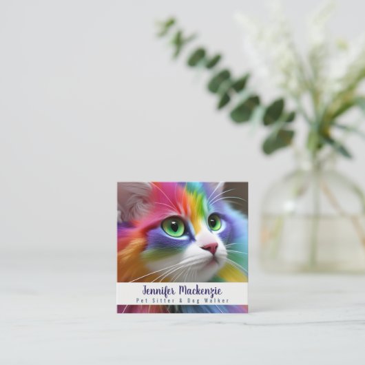 レインボーキャットペットシッターとドッグウォーカー スクエア名刺 (スタンド正面)