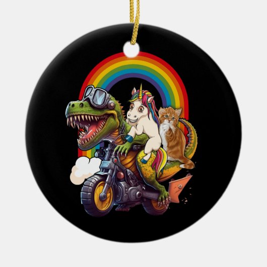 レインボーキャットユニコーン恐竜Tレックスキットン恋人Sp セラミックオーナメント (正面)