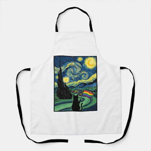 レインボーキャット夜の風景ベクターTシャツデザイン_1 エプロン (正面)