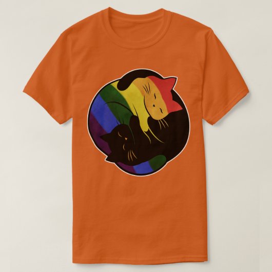 レインボーキャット陰陽LGBTゲイプライド国旗 Tシャツ (デザイン正面)
