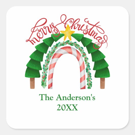  レインボーキャンディケイン 赤と緑のクリスマスツリー  スクエアシール (正面)