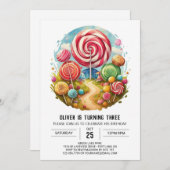 レインボーキャンディ棒つきキャンデー誕生日 招待状 (正面/裏面)