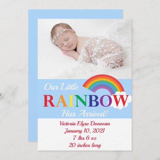 レインボークラウドかわいこちゃん独身のフォト誕生 案内状 (正面/裏面)