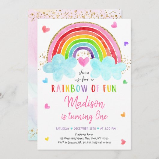 レインボークラウドハートウォーターカラー誕生日 招待状 (正面/裏面)