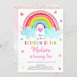 レインボークラウドハートウォーターカラー誕生日 招待状