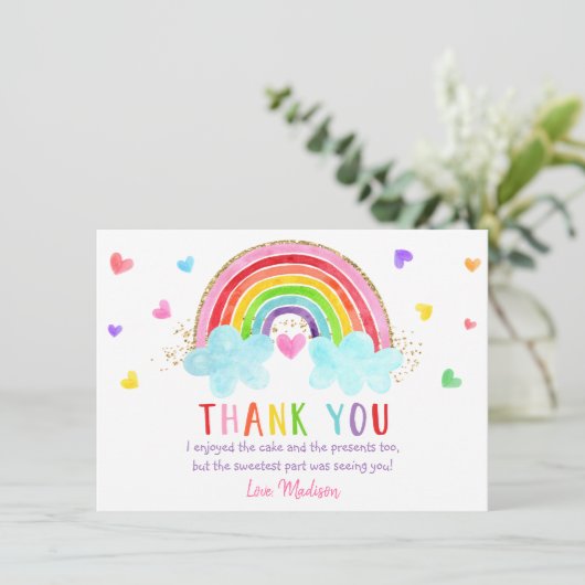 レインボークラウドハートピンク金ゴールド誕生日 サンキューカード (スタンド正面)