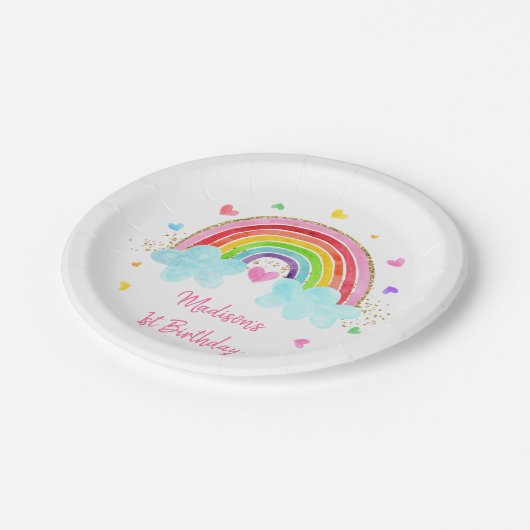 レインボークラウドハートピンク金ゴールド誕生日 ペーパープレート (アングル)