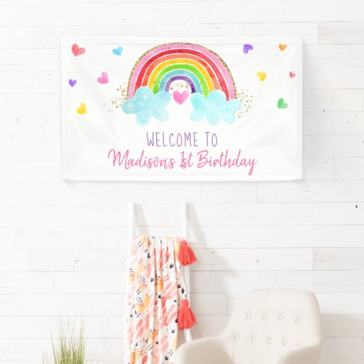 レインボークラウドハートピンク金ゴールド誕生日 横断幕 (インサイチュ)