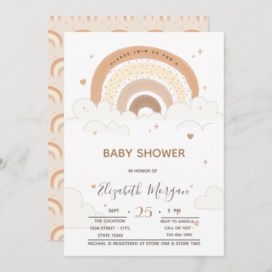 レインボークラウドハートベビーシャワー 招待状 (正面/裏面)